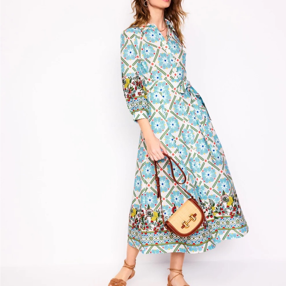 Clara Linen Blend Shirt Dress
Multi, Citrus Vine Tile